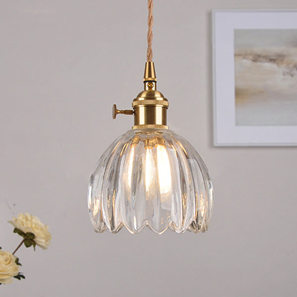 Traditional Vintage Floral Glass Copper 1-Light Pendant Light For Dining Room