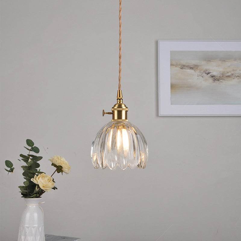 Traditional Vintage Floral Glass Copper 1-Light Pendant Light For Dining Room