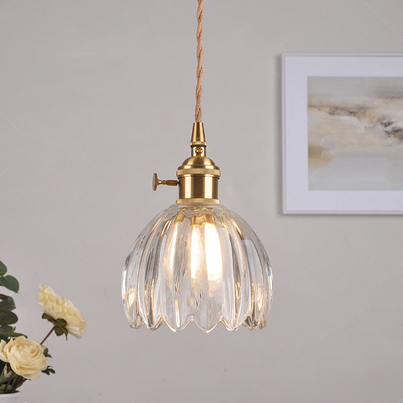 Traditional Vintage Floral Glass Copper 1-Light Pendant Light For Dining Room