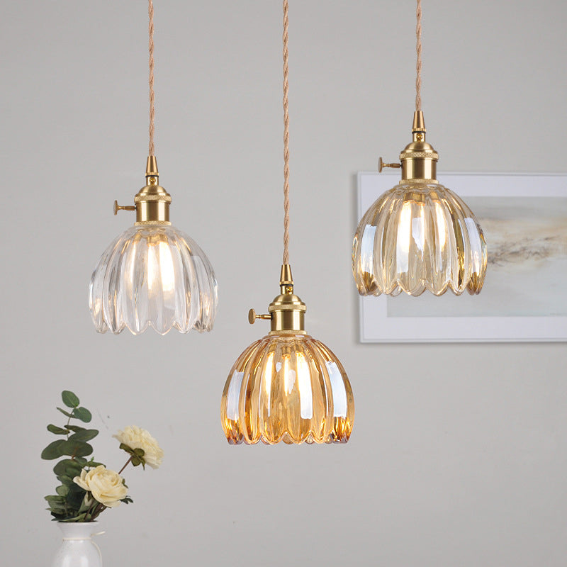 Traditional Vintage Floral Glass Copper 1-Light Pendant Light For Dining Room