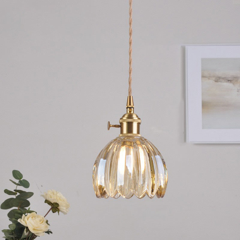 Traditional Vintage Floral Glass Copper 1-Light Pendant Light For Dining Room