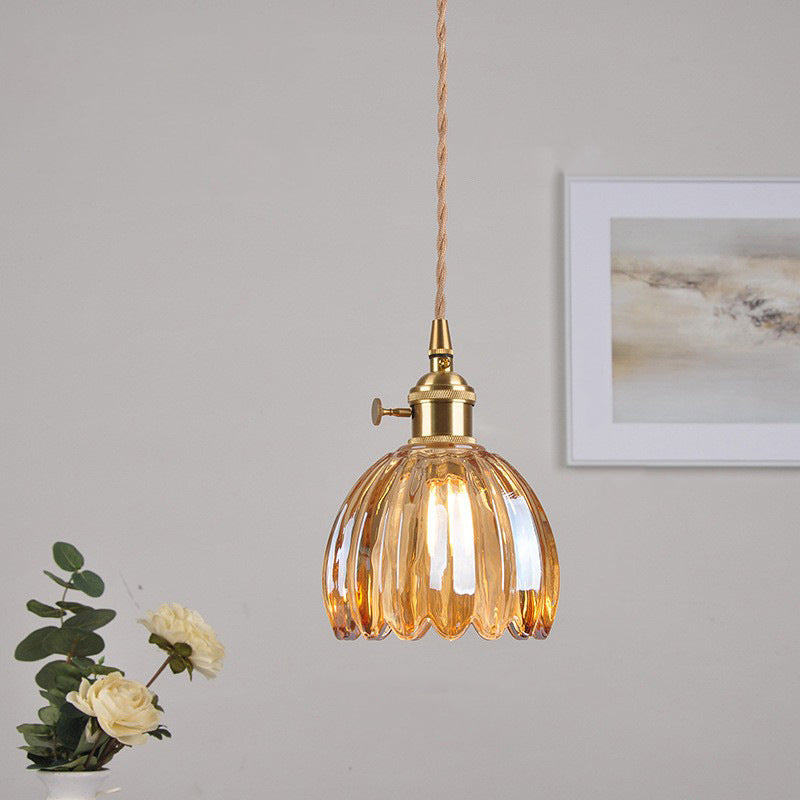 Traditional Vintage Floral Glass Copper 1-Light Pendant Light For Dining Room