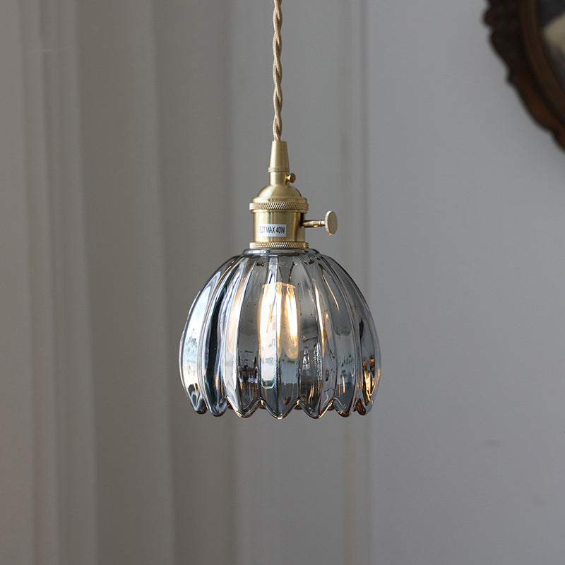 Traditional Vintage Floral Glass Copper 1-Light Pendant Light For Dining Room