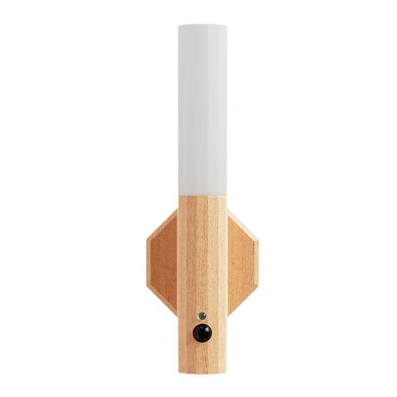Modern Minimalist Hexagonal Cylinder Solid Wood Acrylic LED Wall Sconce Lamp For Entryway