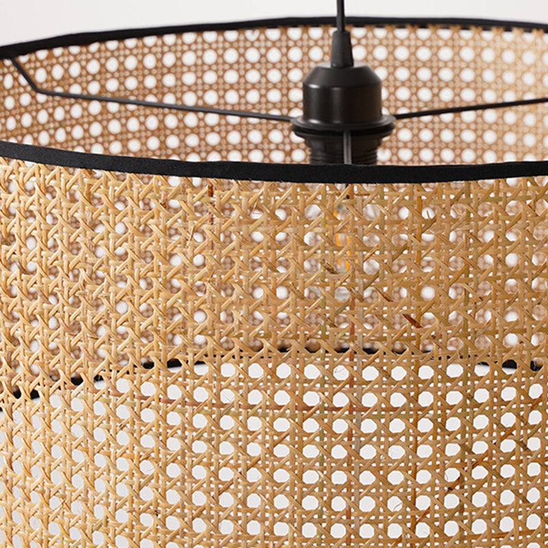 Traditional Japanese Cylindrical Wicker Iron 1-light Pendant Light For Bedroom