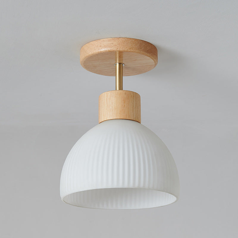 Modern Minimalist Half Round Wood Glass 1-Light Semi-Flush Mount Ceiling Light For Hallway