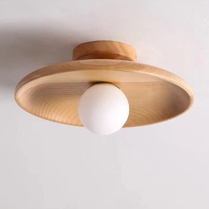 Contemporary Scandinavian Disc Solid Wood 1-Light Semi-Flush Mount Ceiling Light For Hallway