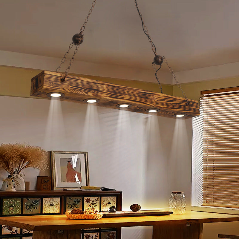 Traditional Vintage Rectangular Iron Wood LED Island Light Chandelier For Dining Room