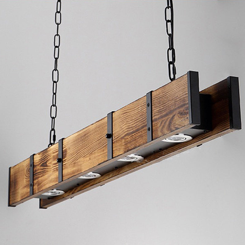 Traditional Vintage Rectangular Iron Wood LED Island Light Chandelier For Dining Room