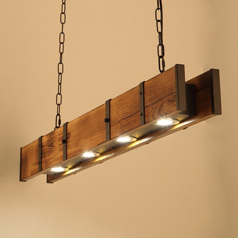 Traditional Vintage Rectangular Iron Wood LED Island Light Chandelier For Dining Room