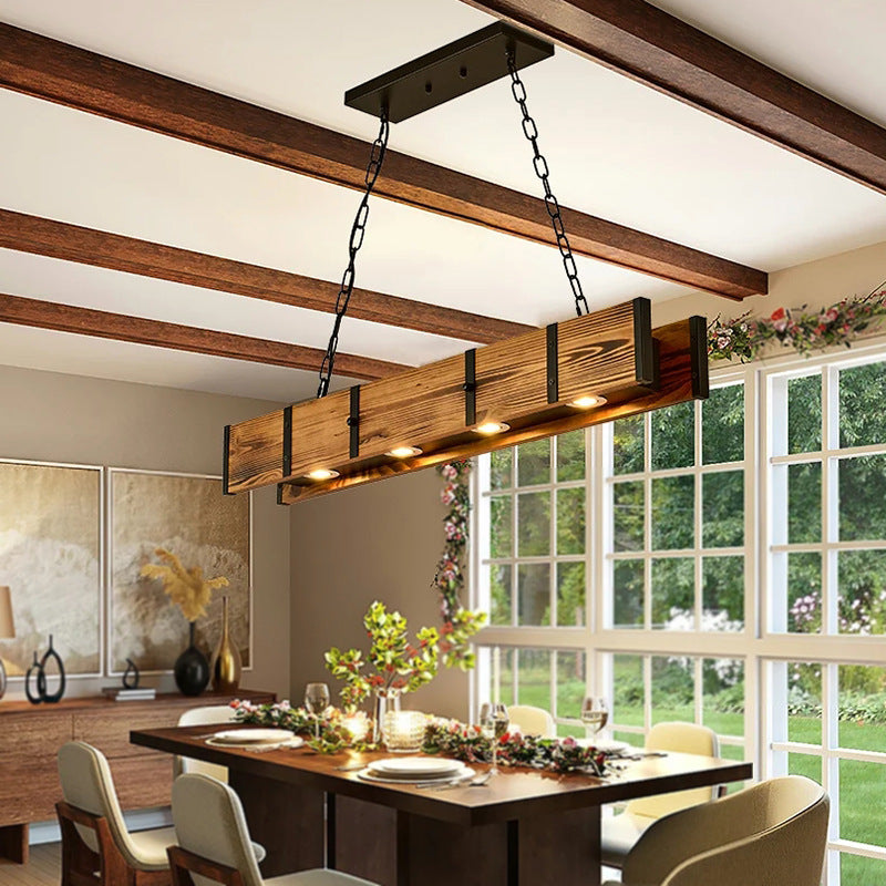 Traditional Vintage Rectangular Iron Wood LED Island Light Chandelier For Dining Room