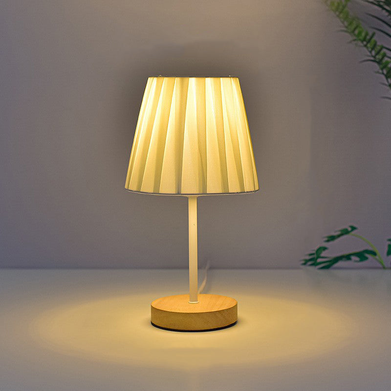 Modern Minimalist Trapezoidal Solid Wood Fabric LED Table Lamp For Bedroom