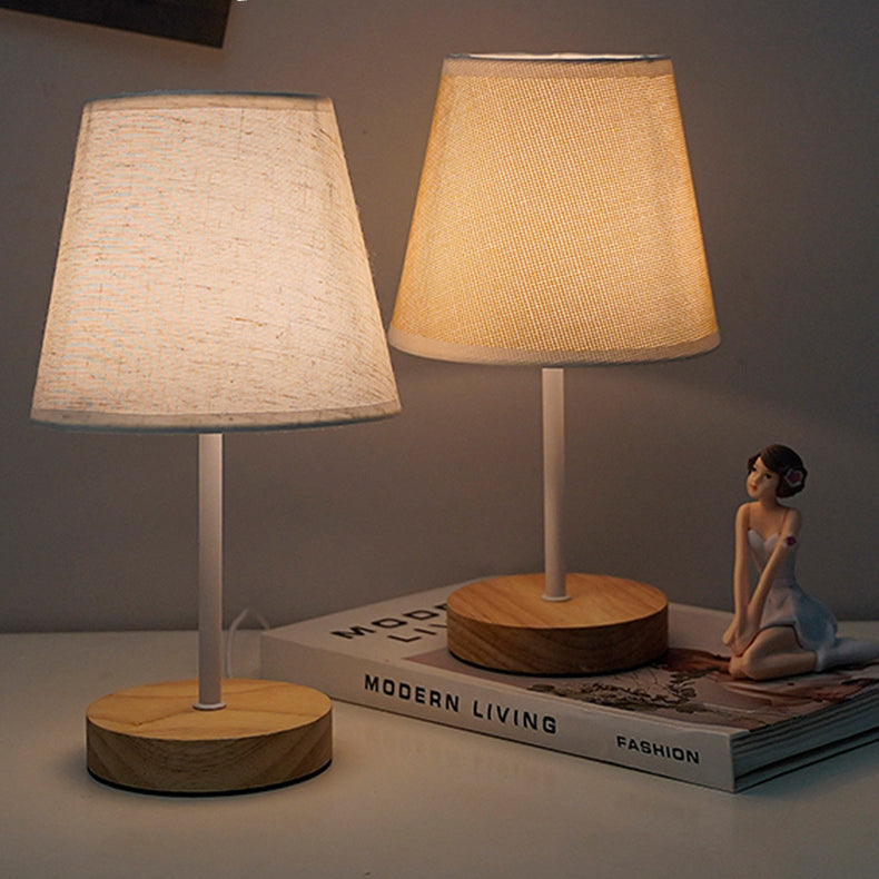 Modern Minimalist Trapezoidal Solid Wood Fabric LED Table Lamp For Bedroom