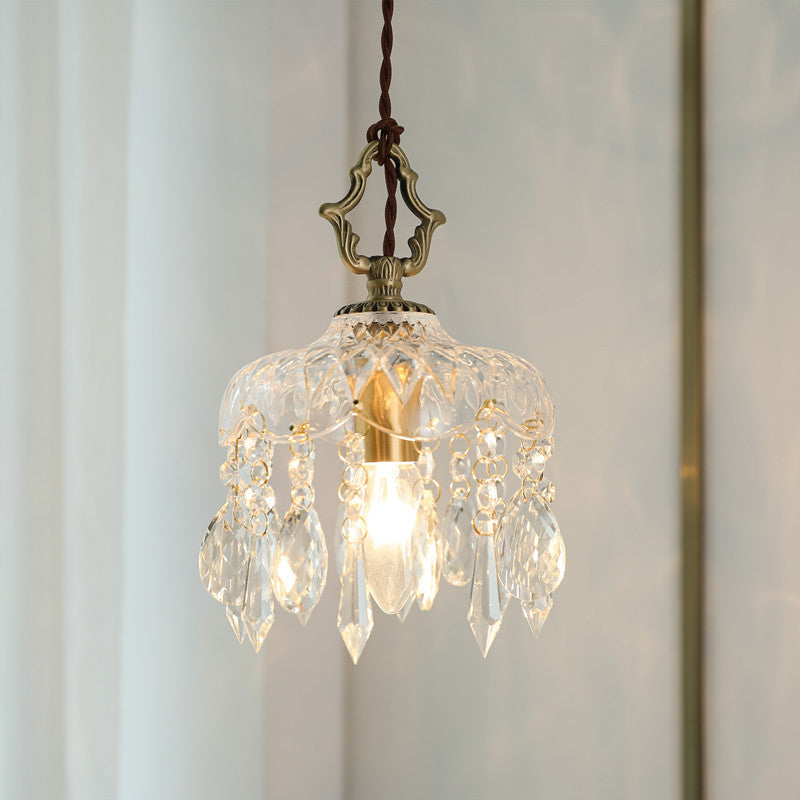 Traditional Vintage Floral Copper Crystal Glass 1-Light Pendant Light For Bedroom