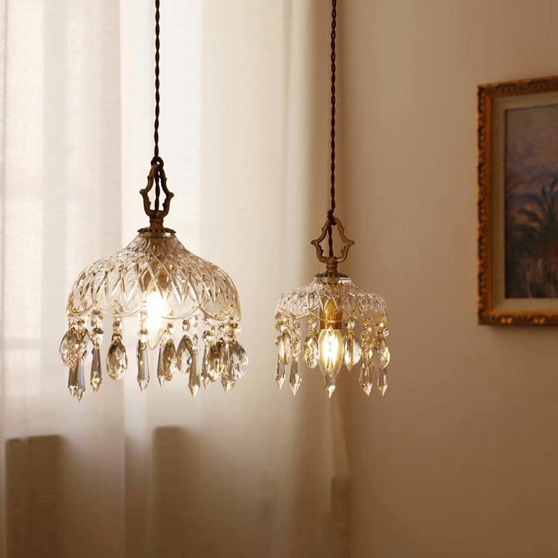 Traditional Vintage Floral Copper Crystal Glass 1-Light Pendant Light For Bedroom