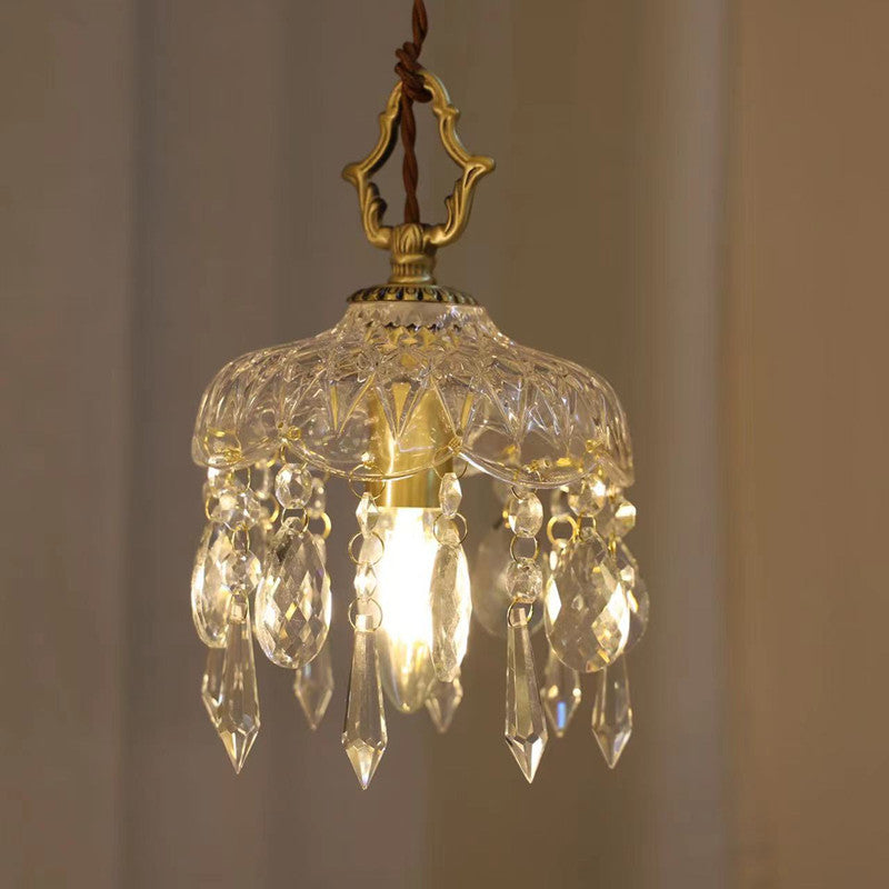 Traditional Vintage Floral Copper Crystal Glass 1-Light Pendant Light For Bedroom