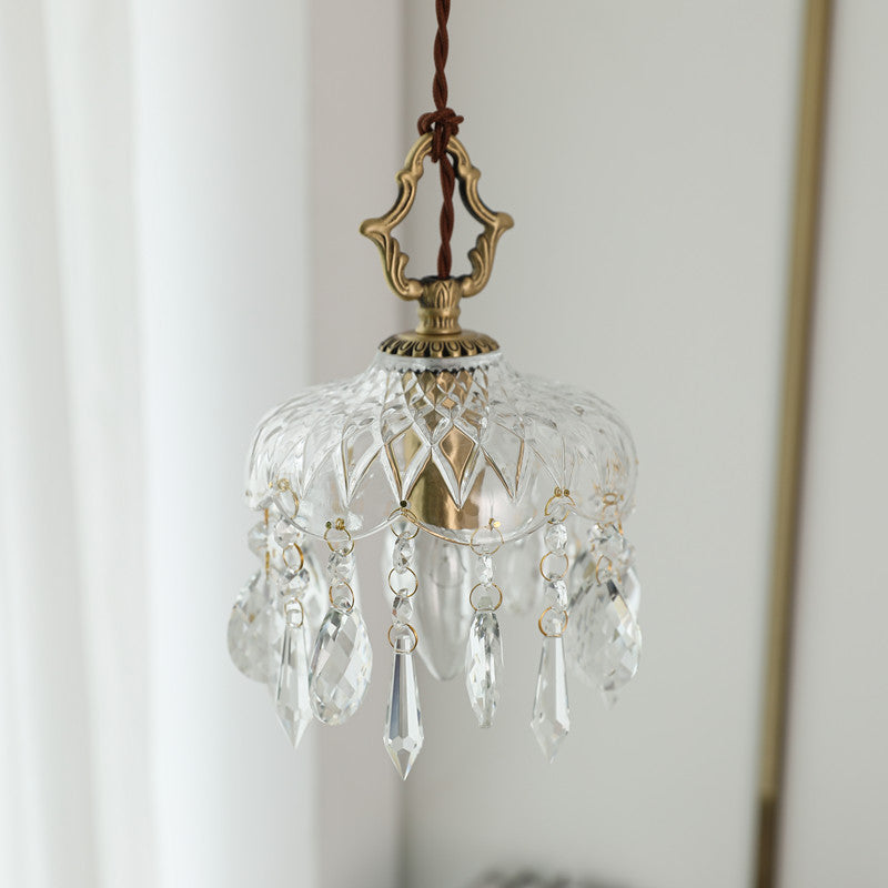 Traditional Vintage Floral Copper Crystal Glass 1-Light Pendant Light For Bedroom