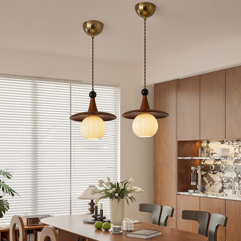 Traditional Vintage Round Disc Sphere Solid Wood Iron Glass 1/3 Light Island Light Chandelier For Bedroom