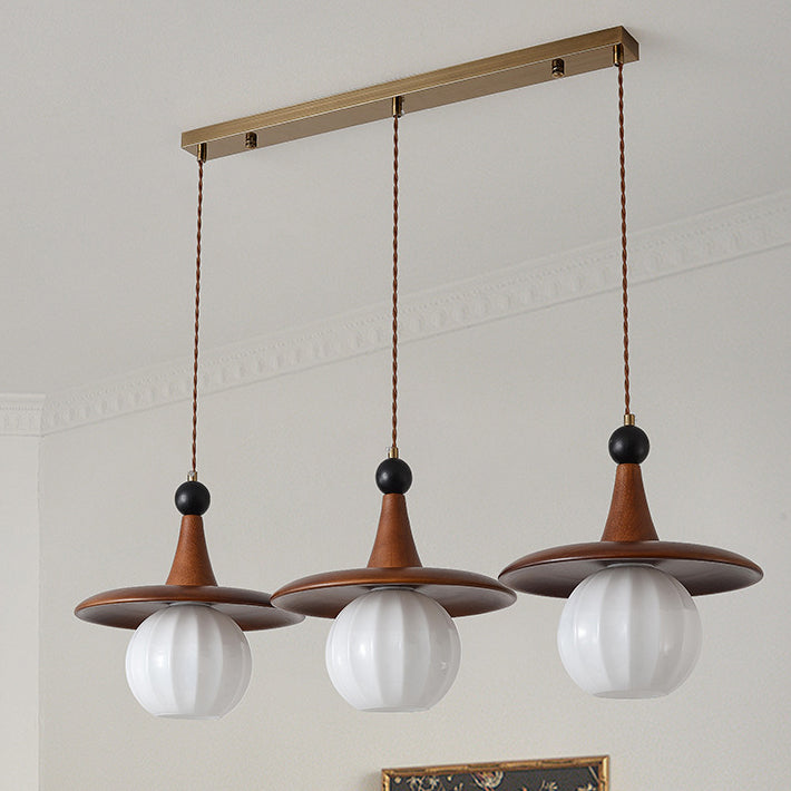 Traditional Vintage Round Disc Sphere Solid Wood Iron Glass 1/3 Light Island Light Chandelier For Bedroom