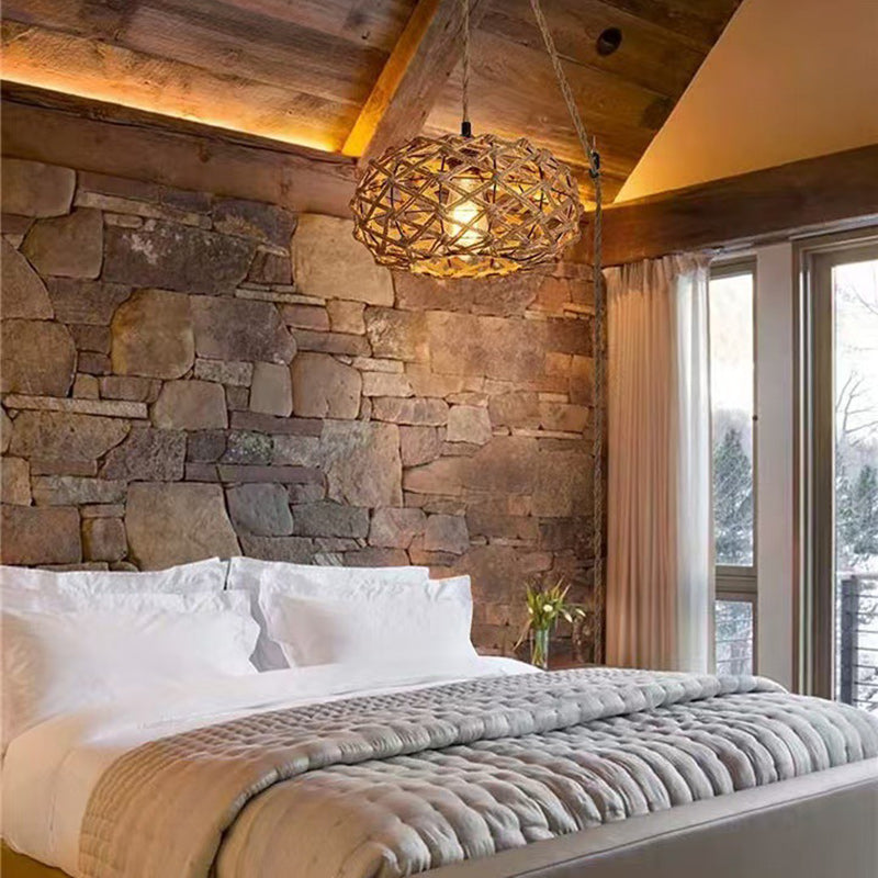 Traditional Rustic Iron & Rattan Woven Round 1-Light Adjustable Pendant Light For Bedroom & Living Room