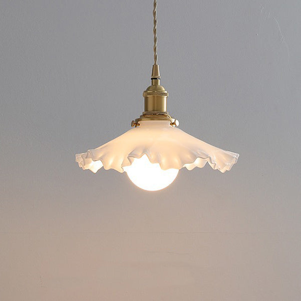 Traditional French Brass Glass Flower-Shaped 1-Light Pendant Light For Bedroom & Living Room