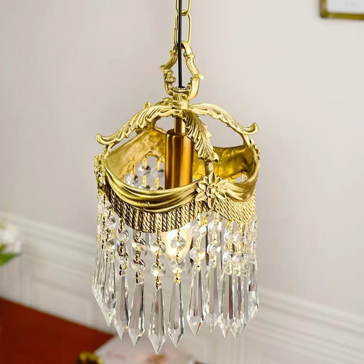 Traditional French Copper & Crystal Round Tassel 1-Light Pendant Light For Bedroom & Living Room