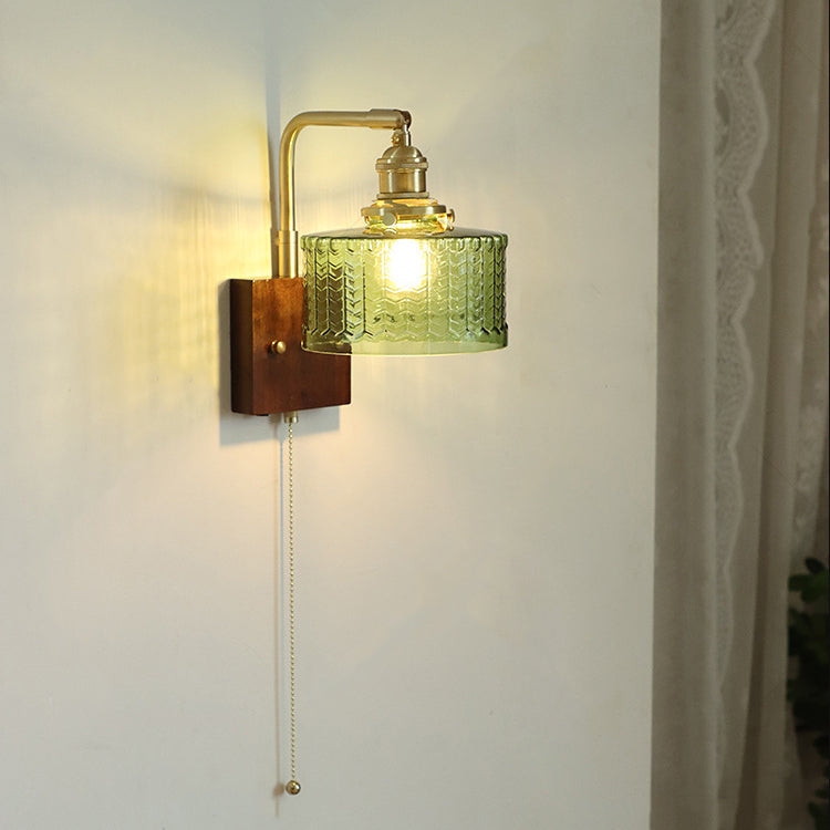 Traditional Japanese Copper Wood Glass Cylinder 1-Light Wall Sconce Lamp For Bedroom & Living Room