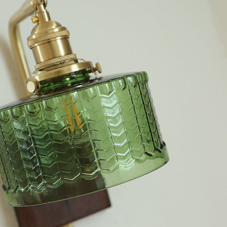 Traditional Japanese Copper Wood Glass Cylinder 1-Light Wall Sconce Lamp For Bedroom & Living Room