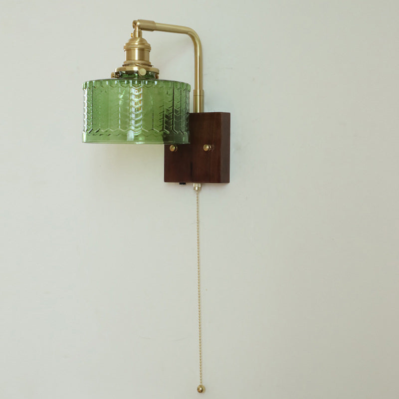 Traditional Japanese Copper Wood Glass Cylinder 1-Light Wall Sconce Lamp For Bedroom & Living Room