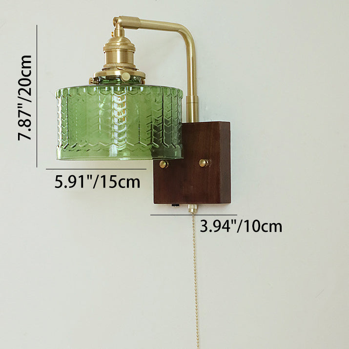 Traditional Japanese Copper Wood Glass Cylinder 1-Light Wall Sconce Lamp For Bedroom & Living Room