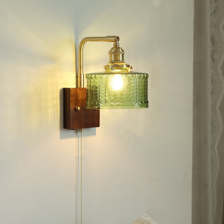 Traditional Japanese Copper Wood Glass Cylinder 1-Light Wall Sconce Lamp For Bedroom & Living Room