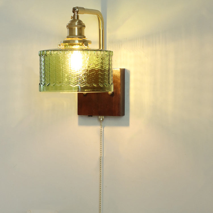 Traditional Japanese Copper Wood Glass Cylinder 1-Light Wall Sconce Lamp For Bedroom & Living Room