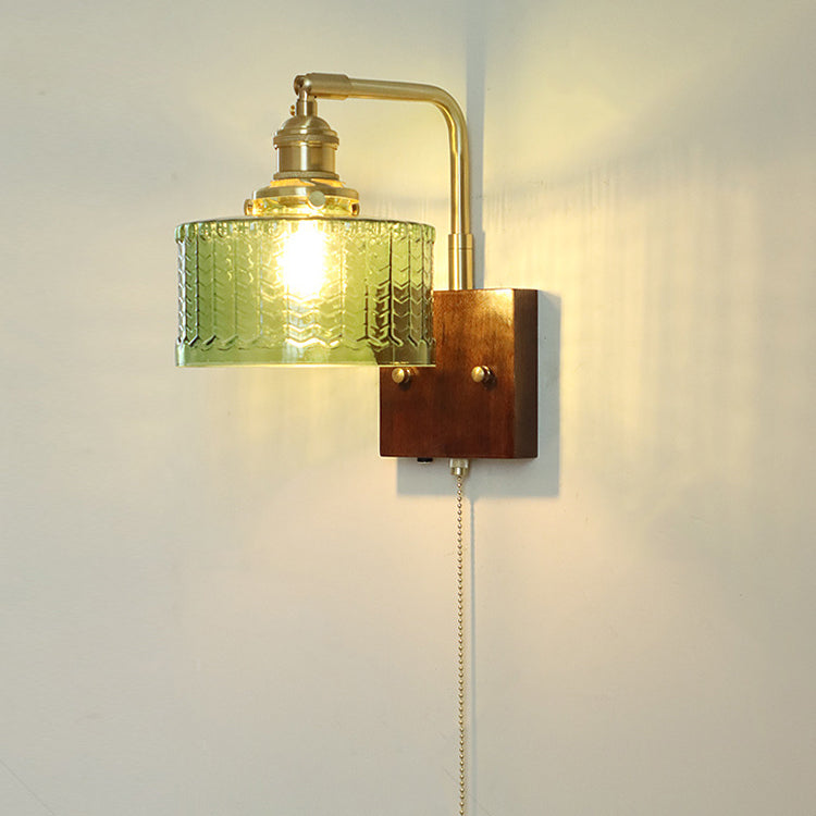 Traditional Japanese Copper Wood Glass Cylinder 1-Light Wall Sconce Lamp For Bedroom & Living Room