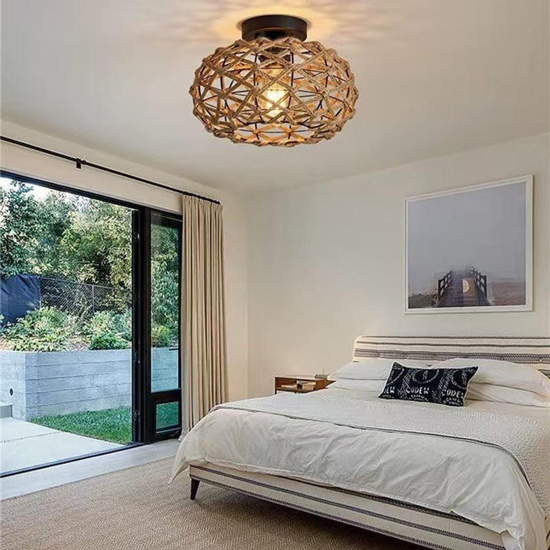 Traditional Rustic Iron & Rattan Woven Round 1-Light Semi-Flush Mount Ceiling Light For Bedroom & Living Room