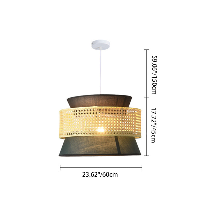 Traditional Japanese Rattan & Fabric Round Trapezoid 1-Light Pendant Light For Dining & Living Room