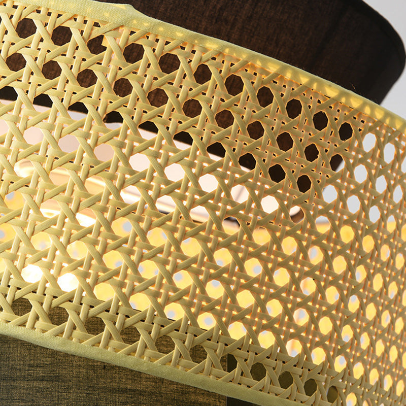 Traditional Japanese Rattan & Fabric Round Trapezoid 1-Light Pendant Light For Dining & Living Room