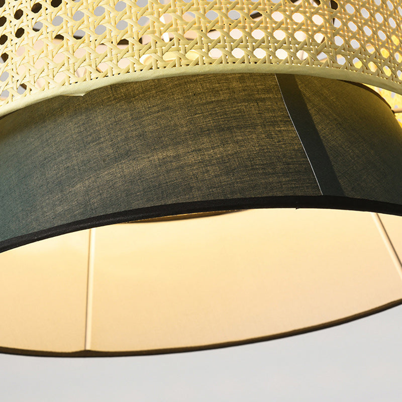 Traditional Japanese Rattan & Fabric Round Trapezoid 1-Light Pendant Light For Dining & Living Room