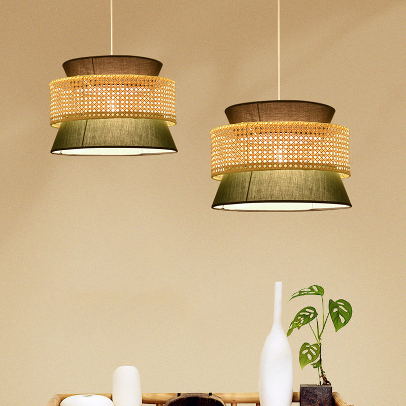 Traditional Japanese Rattan & Fabric Round Trapezoid 1-Light Pendant Light For Dining & Living Room