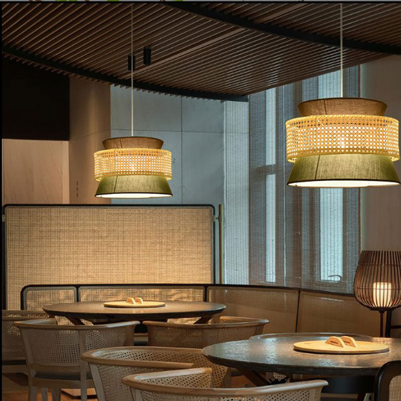 Traditional Japanese Rattan & Fabric Round Trapezoid 1-Light Pendant Light For Dining & Living Room