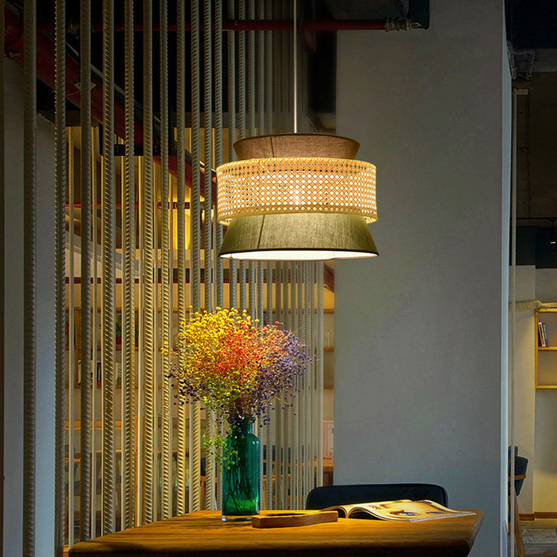 Traditional Japanese Rattan & Fabric Round Trapezoid 1-Light Pendant Light For Dining & Living Room
