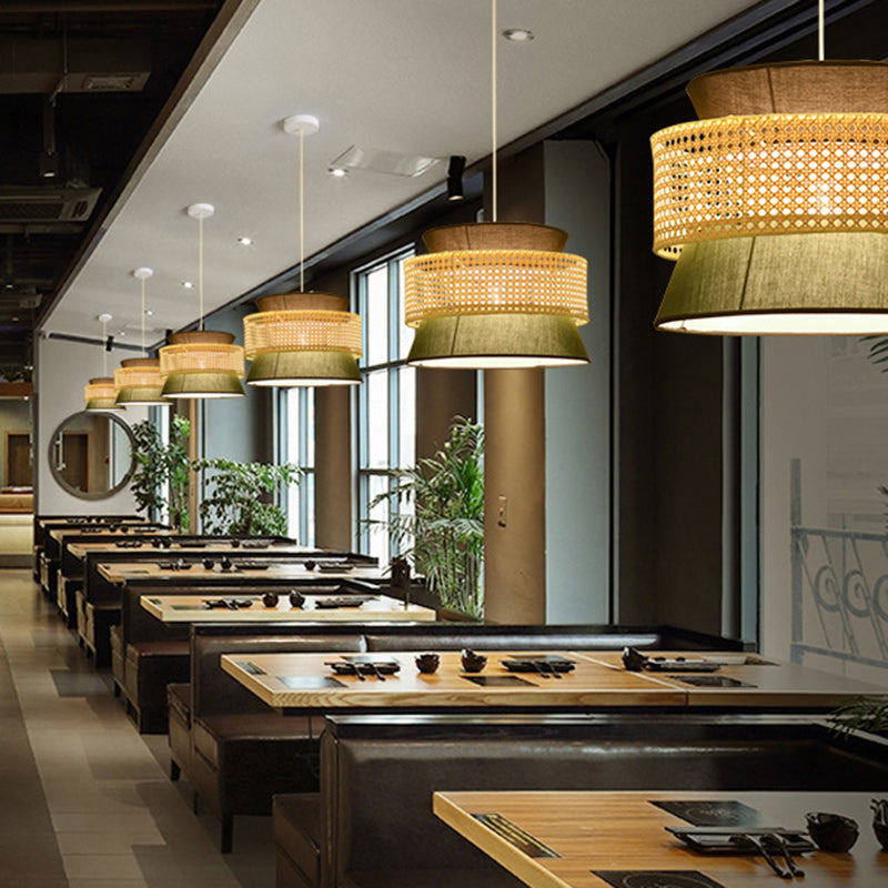 Traditional Japanese Rattan & Fabric Round Trapezoid 1-Light Pendant Light For Dining & Living Room