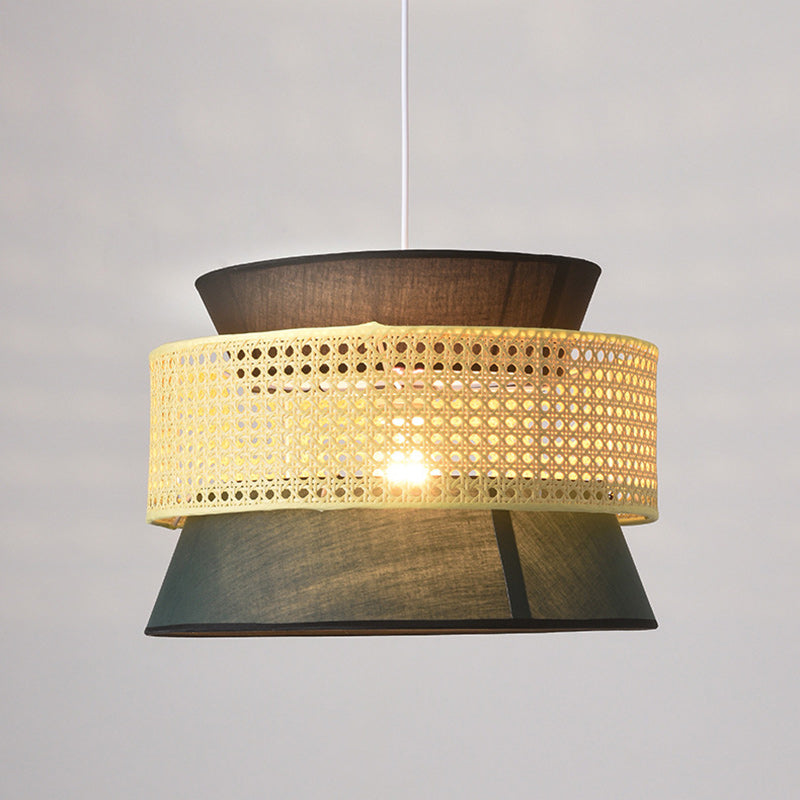 Traditional Japanese Rattan & Fabric Round Trapezoid 1-Light Pendant Light For Dining & Living Room