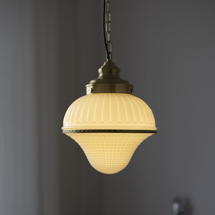 Modern Mid-Century Brass & Glass Ice Cream-Shaped 1-Light Pendant Light For Bedroom & Living Room