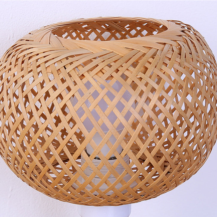 Traditional Rustic Wood & Bamboo Hollow Woven Round 1-Light Table Lamp For Bedroom & Living Room