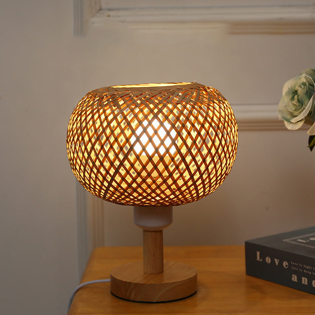 Traditional Rustic Wood & Bamboo Hollow Woven Round 1-Light Table Lamp For Bedroom & Living Room