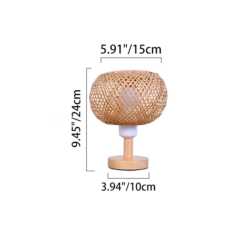 Traditional Rustic Wood & Bamboo Hollow Woven Round 1-Light Table Lamp For Bedroom & Living Room