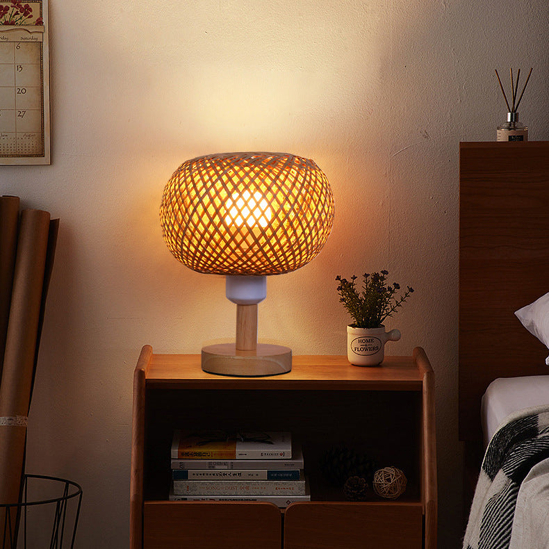 Traditional Rustic Wood & Bamboo Hollow Woven Round 1-Light Table Lamp For Bedroom & Living Room