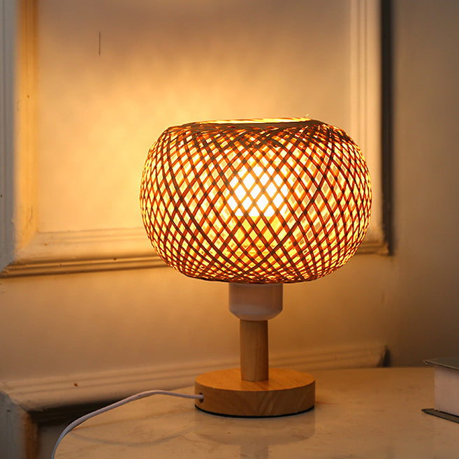 Traditional Rustic Wood & Bamboo Hollow Woven Round 1-Light Table Lamp For Bedroom & Living Room