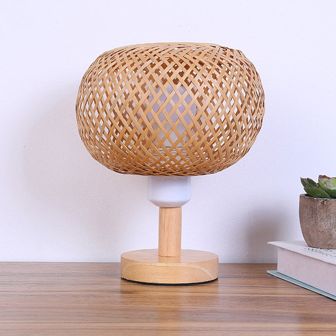 Traditional Rustic Wood & Bamboo Hollow Woven Round 1-Light Table Lamp For Bedroom & Living Room