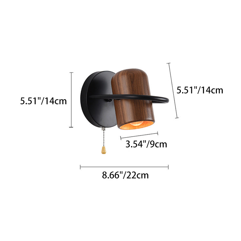 Contemporary Nordic Wood & Iron Cylindrical Shade 1-Light Wall Sconce Lamp For Bedroom & Living Room